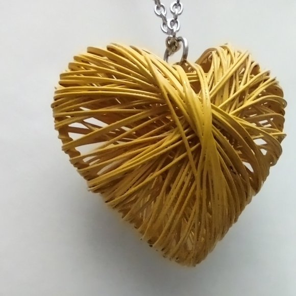 Yellow Enamel Paint Coated Wire Puff Heart Pendant and 32 - 34" Chain - Picture 3 of 5